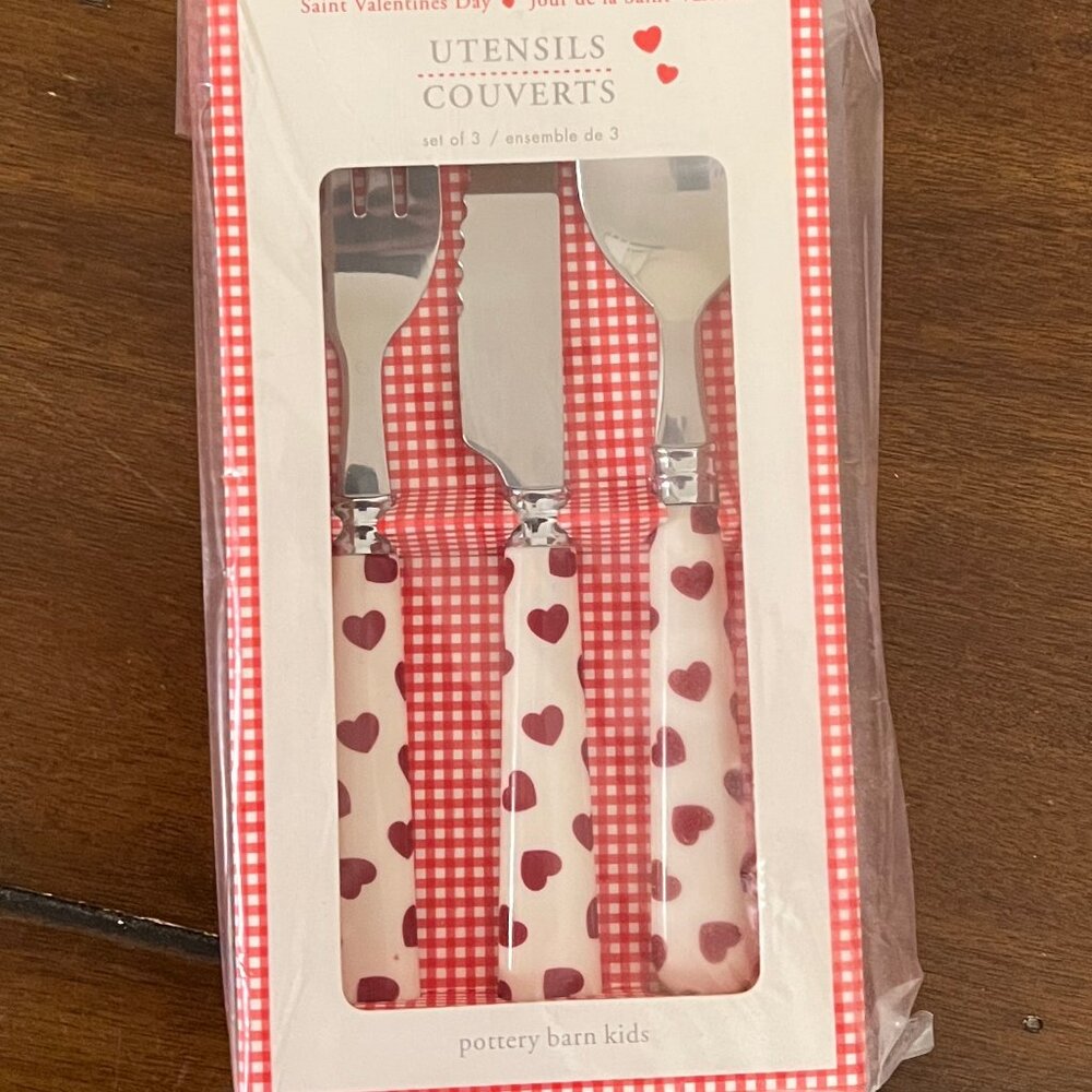 Pottery Barn Kids Utensil Set of 3 Hearts Valentine's Day Fork Knife Spoon NWT